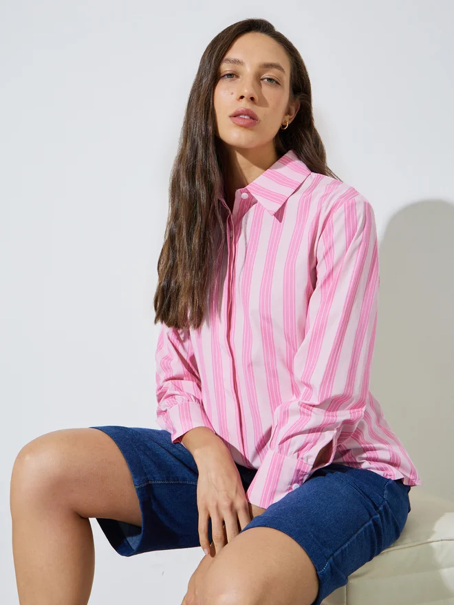 Styli Styli Pink Striped Longline Shirt