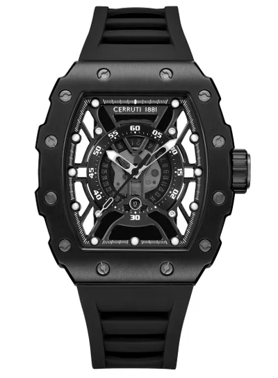 CERRUTI 1881 Men's Cerruti 1881 Gubbio Watch for Men - Tonneau Black Topring, Black Structure Dial, Black Silicone Strap