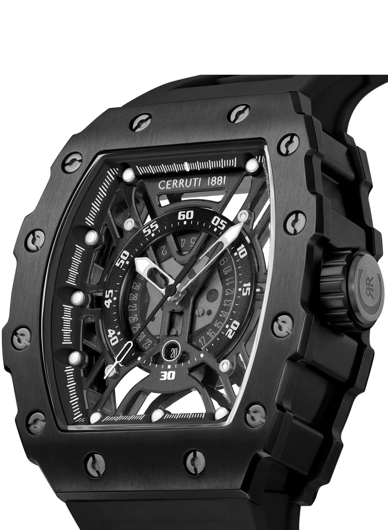 CERRUTI 1881 Men's Cerruti 1881 Gubbio Watch for Men - Tonneau Black Topring, Black Structure Dial, Black Silicone Strap
