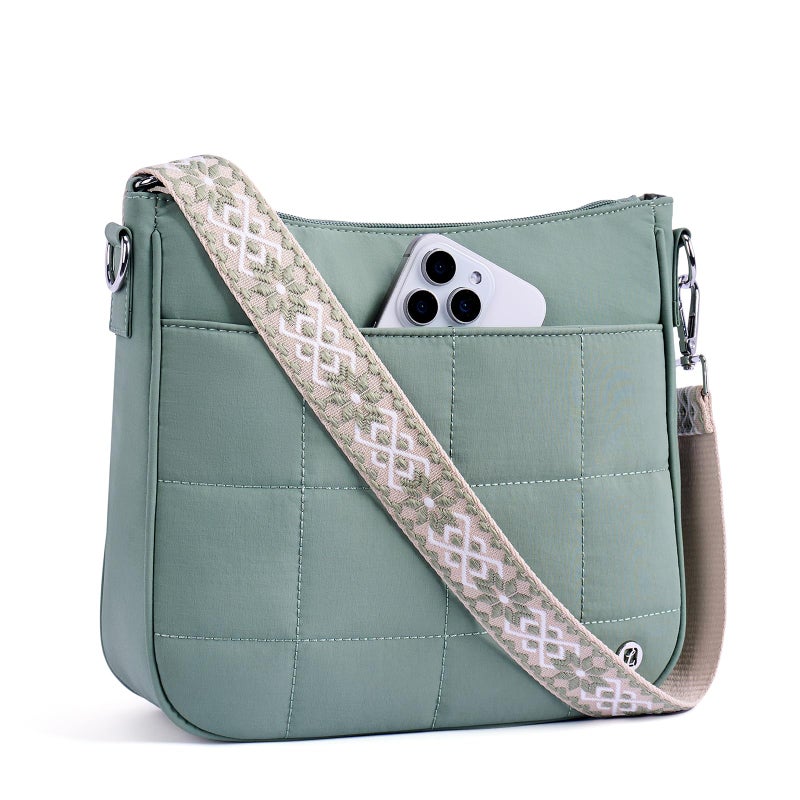 Lexiyat Anti Theft Crossbody Bags for Women,Quilted Puffer Travel Purses Shoulder Hobo Bag Handbag with Guitar Strap Green - Image 1