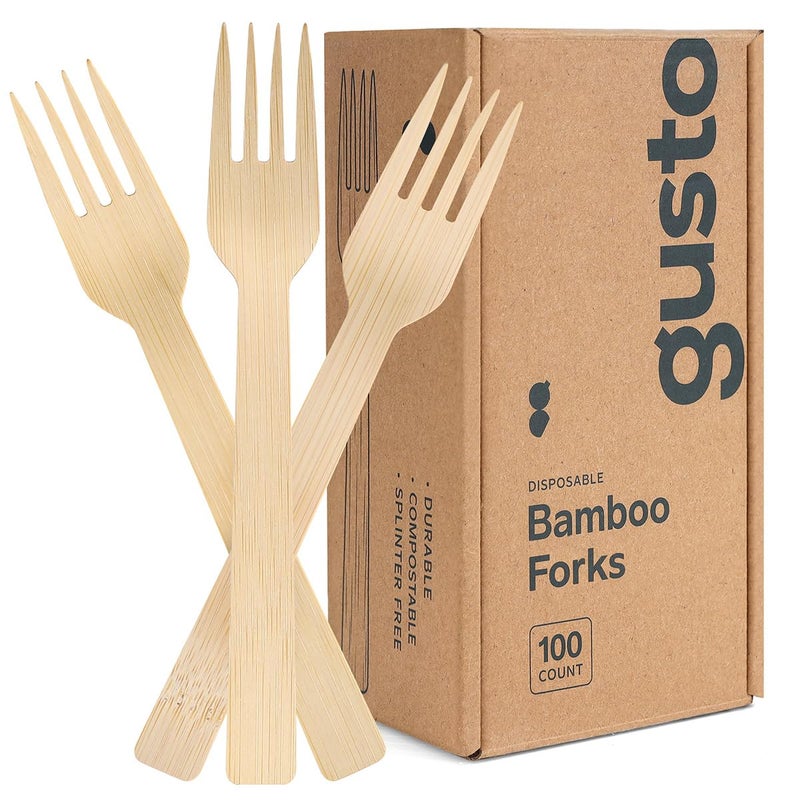 GUSTO 100 Count Natural Bamboo Disposable Forks  Biodegradable and EcoFriendly Utensils for Outdoors Parties and Events