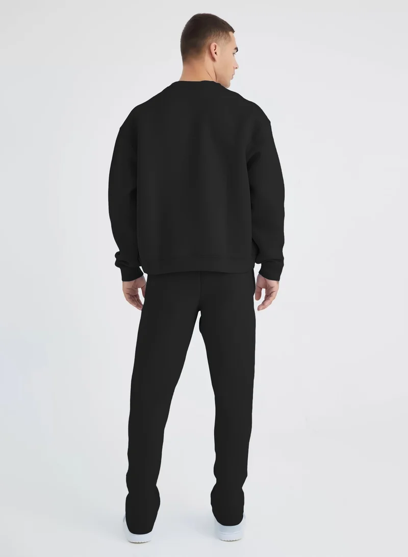 مانياك Mens Solid Black Round Neck Sweatshirt and Jogger Cotton Loopknit Fleece Co-Ords