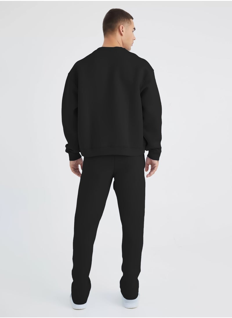 Maniac Mens Solid Black Round Neck Sweatshirt and Jogger Cotton Loopknit Fleece Co-Ords  - Image 3