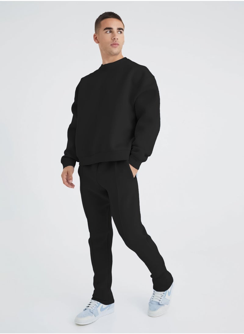 Maniac Mens Solid Black Round Neck Sweatshirt and Jogger Cotton Loopknit Fleece Co-Ords  - Image 1