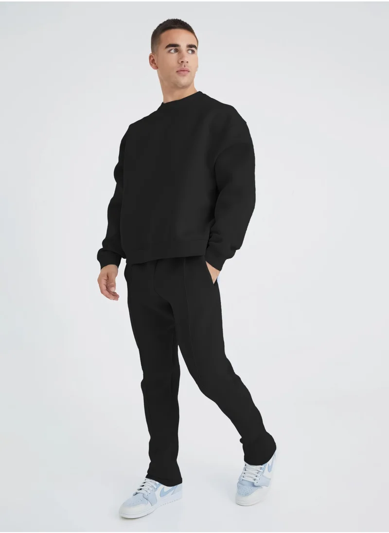 مانياك Mens Solid Black Round Neck Sweatshirt and Jogger Cotton Loopknit Fleece Co-Ords