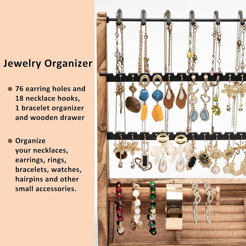 DGWJSU Jewelry Organizer Stand, 5 Layer Earring Holder Organizer with Necklace Holder, Rustic Wood Earring Organizer Display for Stud Earring Bracelet Necklace Ring, Watches - Image 4