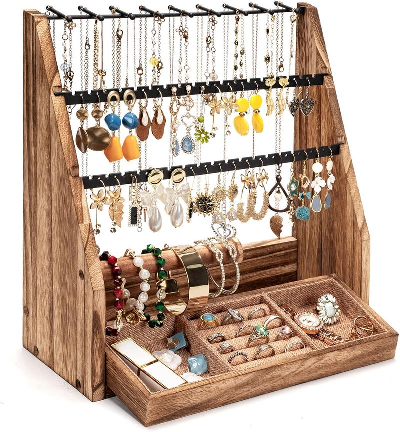 DGWJSU Jewelry Organizer Stand, 5 Layer Earring Holder Organizer with Necklace Holder, Rustic Wood Earring Organizer Display for Stud Earring Bracelet Necklace Ring, Watches - Image 1