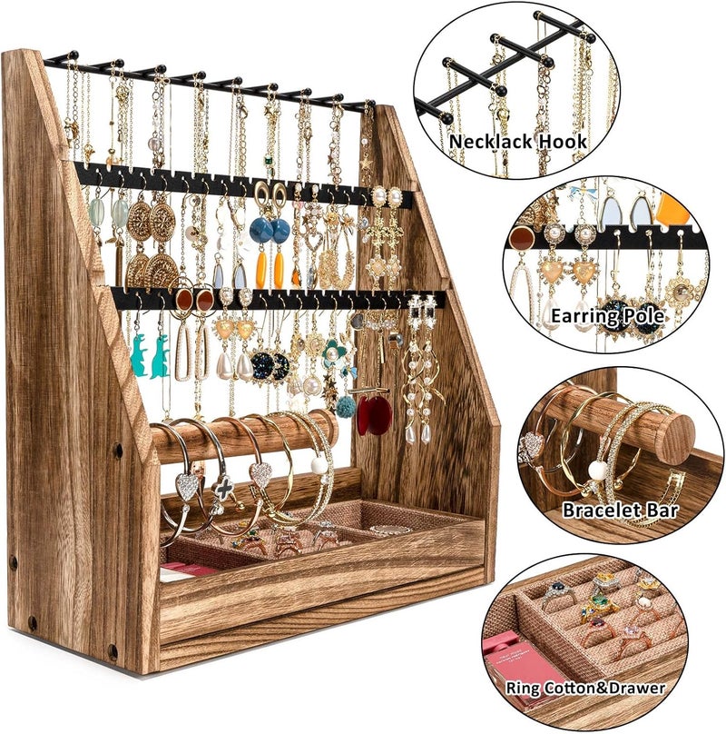 DGWJSU Jewelry Organizer Stand, 5 Layer Earring Holder Organizer with Necklace Holder, Rustic Wood Earring Organizer Display for Stud Earring Bracelet Necklace Ring, Watches - Image 5