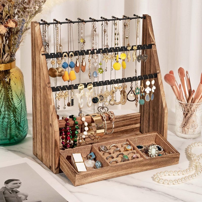 DGWJSU Jewelry Organizer Stand, 5 Layer Earring Holder Organizer with Necklace Holder, Rustic Wood Earring Organizer Display for Stud Earring Bracelet Necklace Ring, Watches - Image 2
