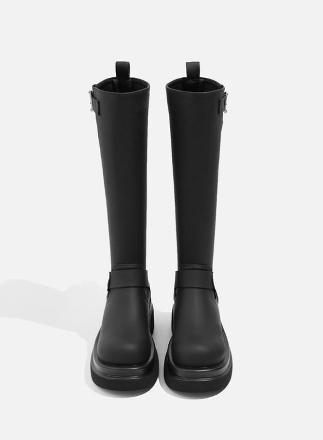 Loquat Women's Platform Boots Mid Calf Chunky Block Heel Martin Boots Black  - Image 1