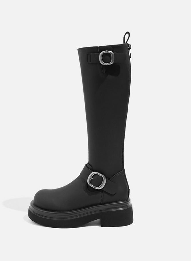 Loquat Women's Platform Boots Mid Calf Chunky Block Heel Martin Boots Black  - Image 2