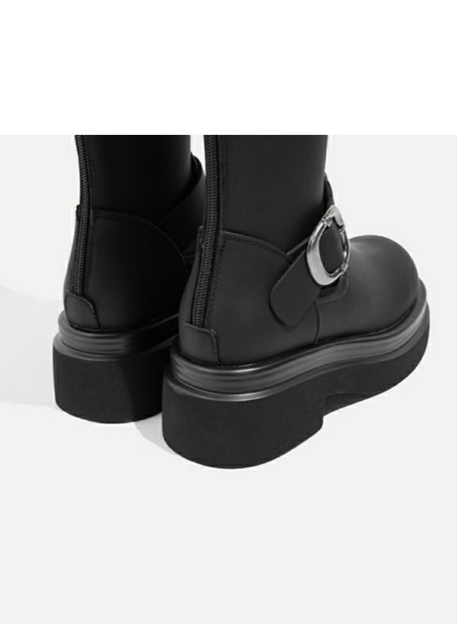 Loquat Women's Platform Boots Mid Calf Chunky Block Heel Martin Boots Black  - Image 3