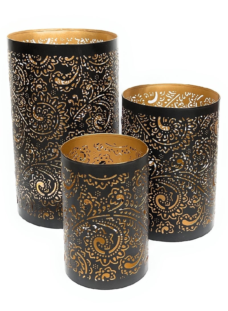 سوق ديزاينز حاملات شموع عربية - مجموعة من 3 حاملات شموع معدنية لفوانيس رمضان، للاستخدام الداخلي والخارجي باللون الذهبي  - Image 4