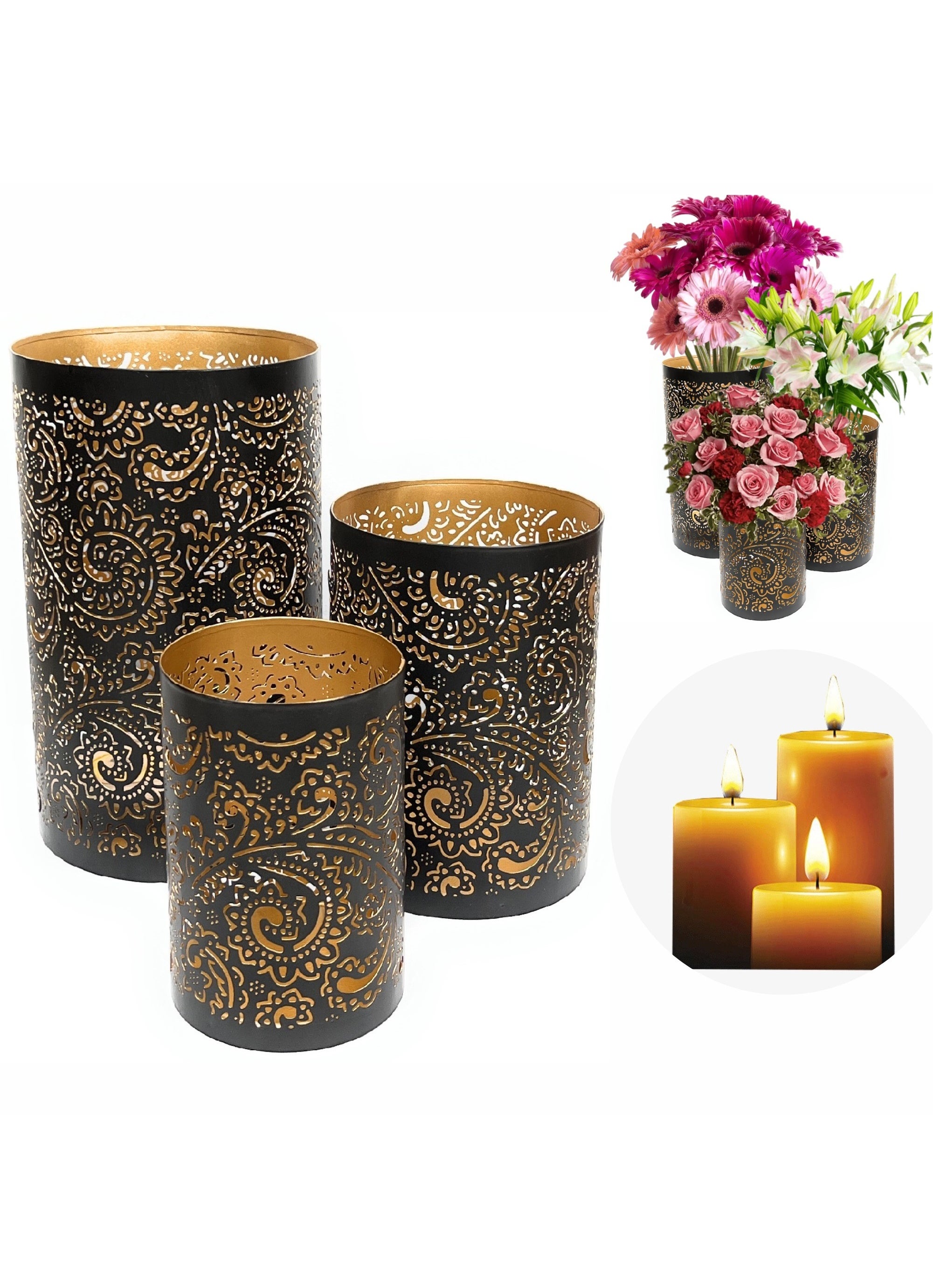 Souq DESIGNS Pillar Candle Holder Arabic Candle Holders - Set of 3 Metal Candle Holders for Ramadan Lanterns, Indoor & Outdoor Use Golden 