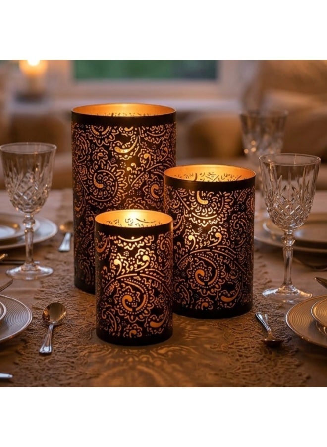 Souq DESIGNS Hurricane Candle Holder Set of 3 – Black Gold Paisley Henna Metal Pillar Candle Holders | Hurricane Lantern Tealight Table Centerpiece Flower Vase | Indoor Outdoor Ramadan Home Decor Gift - Image 1