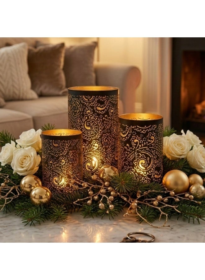 Souq DESIGNS Hurricane Candle Holder Set of 3 – Black Gold Paisley Henna Metal Pillar Candle Holders | Hurricane Lantern Tealight Table Centerpiece Flower Vase | Indoor Outdoor Ramadan Home Decor Gift - Image 2