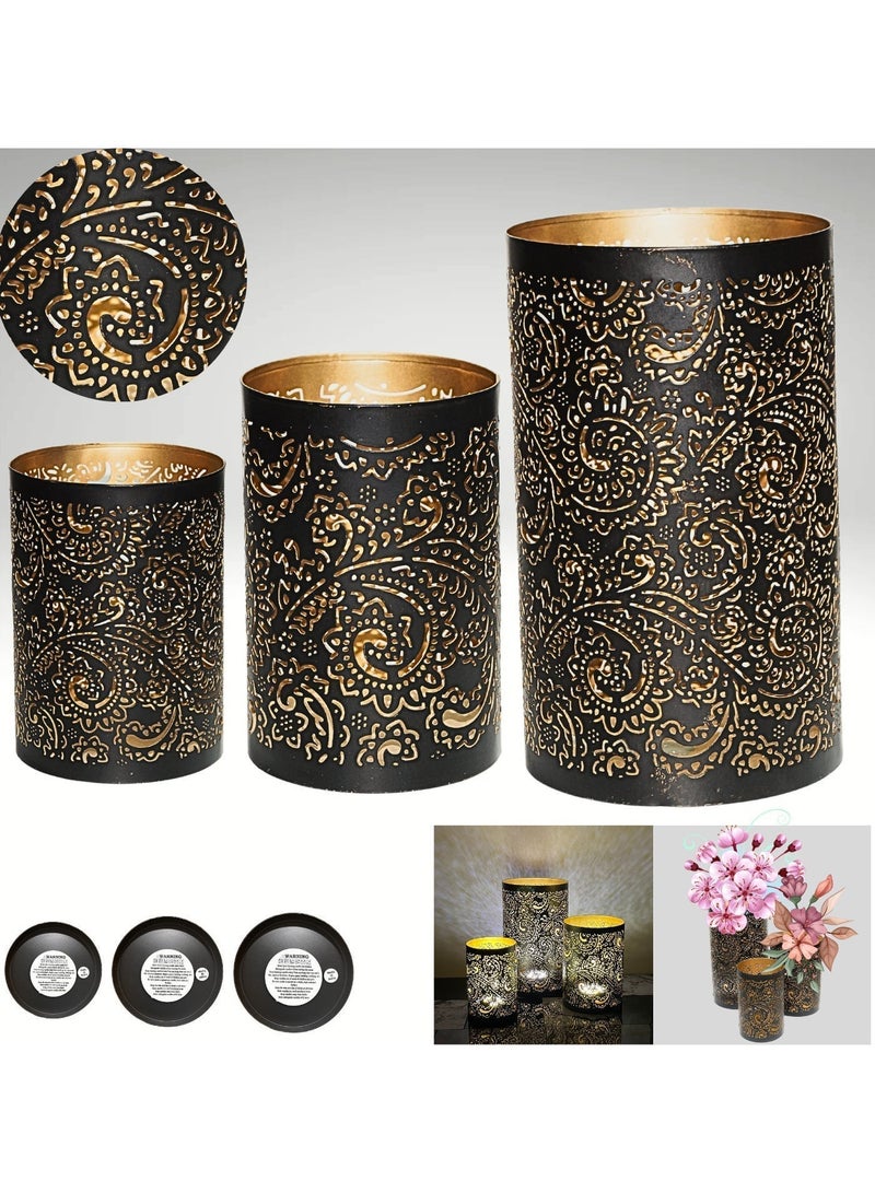 Souq DESIGNS Hurricane Candle Holder Set of 3 – Black Gold Paisley Henna Metal Pillar Candle Holders | Hurricane Lantern Tealight Table Centerpiece Flower Vase | Indoor Outdoor Ramadan Home Decor Gift - Image 4