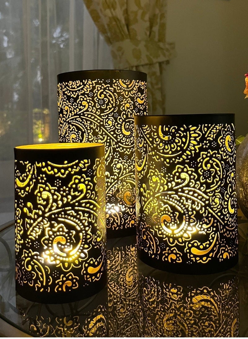Souq DESIGNS Hurricane Candle Holder Set of 3 – Black Gold Paisley Henna Metal Pillar Candle Holders | Hurricane Lantern Tealight Table Centerpiece Flower Vase | Indoor Outdoor Ramadan Home Decor Gift - Image 5
