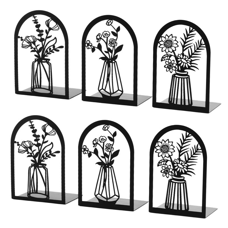 Bondream 3 Pair Metal BookendsDecorative Book Ends for ShelvesNonSlip Book Stopper for Heavy BooksFlower Shelf Holder for Home School Office