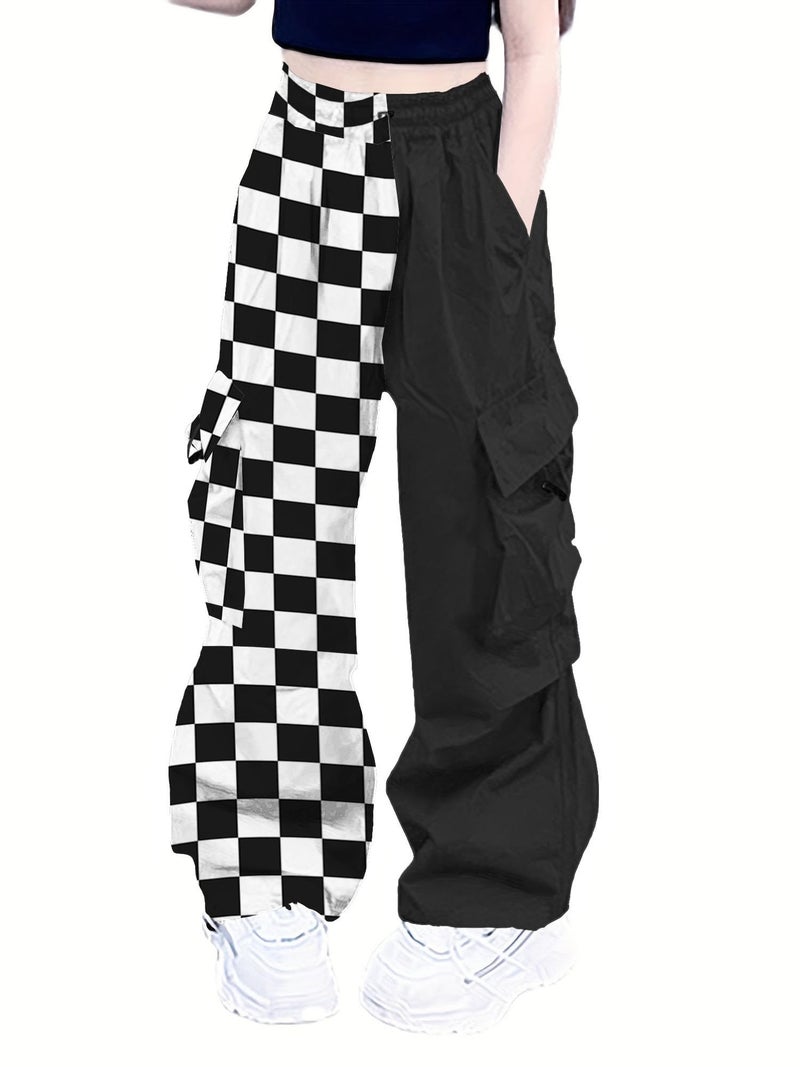 Jofemuho Girls & Womens Elastic Waist Drawstring Cargo Pants,6 Years - Women 2XL Colorblock-Black White Checked 130CM - Image 1