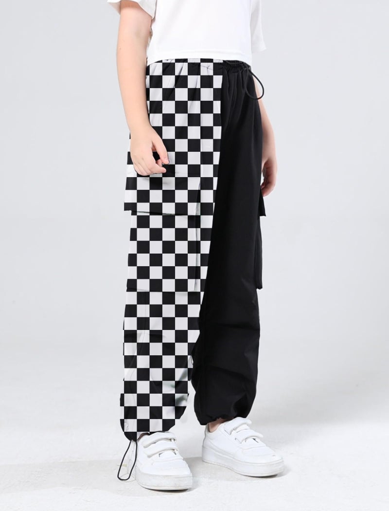 Jofemuho Girls & Womens Elastic Waist Drawstring Cargo Pants,6 Years - Women 2XL Colorblock-Black White Checked 130CM - Image 2