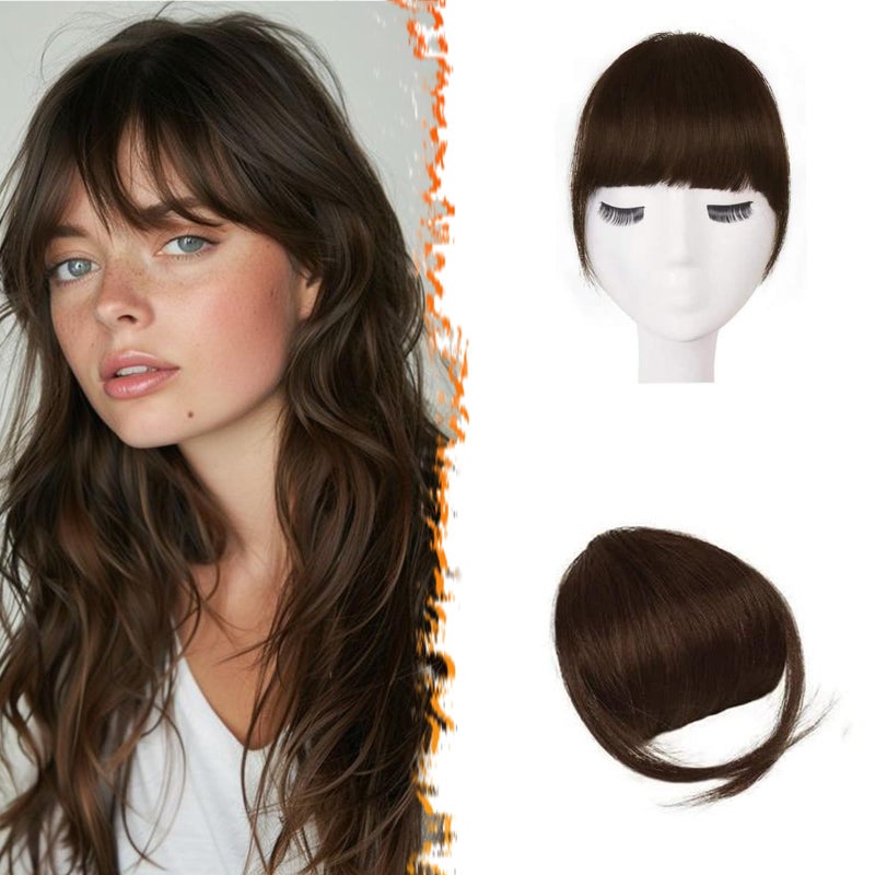 BARSDAR Human Hair Clip in Bangs  100 Real Human Hair Clip in Bangs for Women  Brown Thick Bangs Extensions Fringe with Temples Real Hair Bangs Hairpieces  Dark Auburn Brown