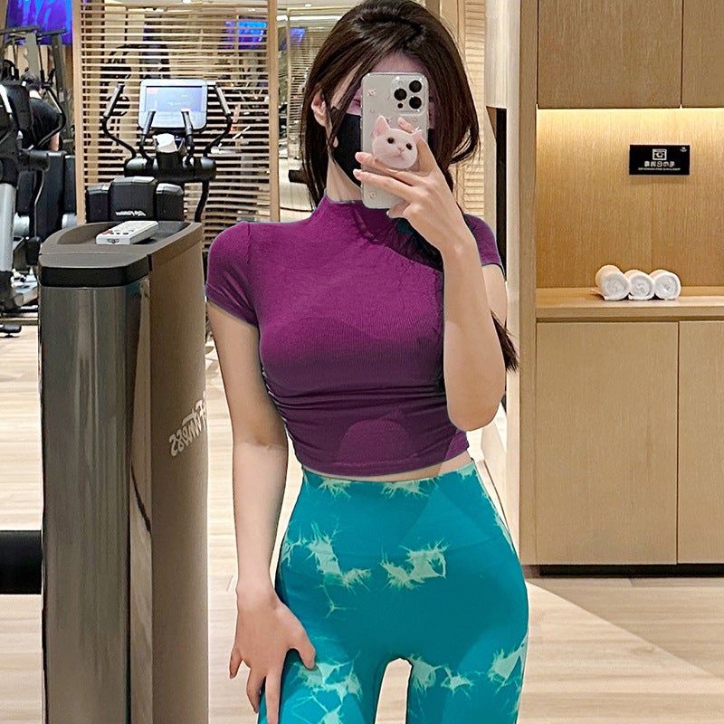 Pure Skinny Tight Small High Neck Short Navel Pure Color Pleated Short Sleeve Urban Sports T-Shirt Top For Women - Image 5