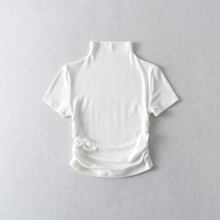 Pure Skinny Tight Small High Neck Short Navel Pure Color Pleated Short Sleeve Urban Sports T-Shirt Top For Women - Image 1