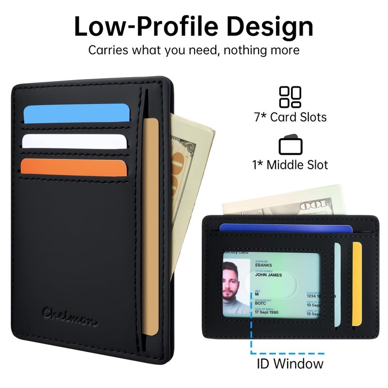 Chelmon Slim Wallet for Men, Minimalist Front Pocket RFID Blocking Credit Card Holder, Black Crazy Horse - Image 2