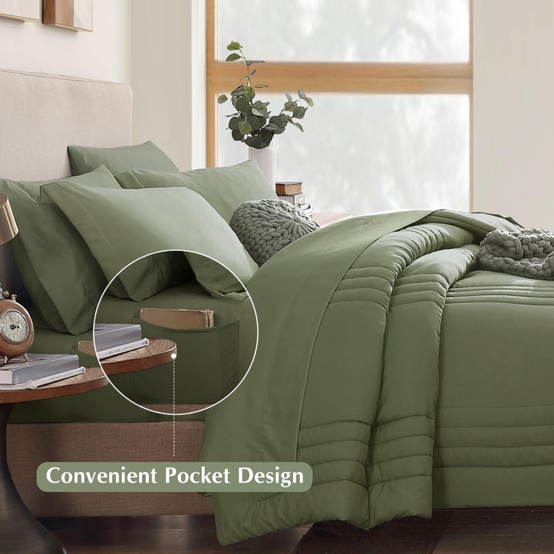 Monbix Queen Comforter Set - 7 Pieces Light Sage Green Bed in a Bag Queen Bedding Sets with Comforters, All Seasons Comforter Bed Set with Sheets, Pillowcases & Shams - Image 4