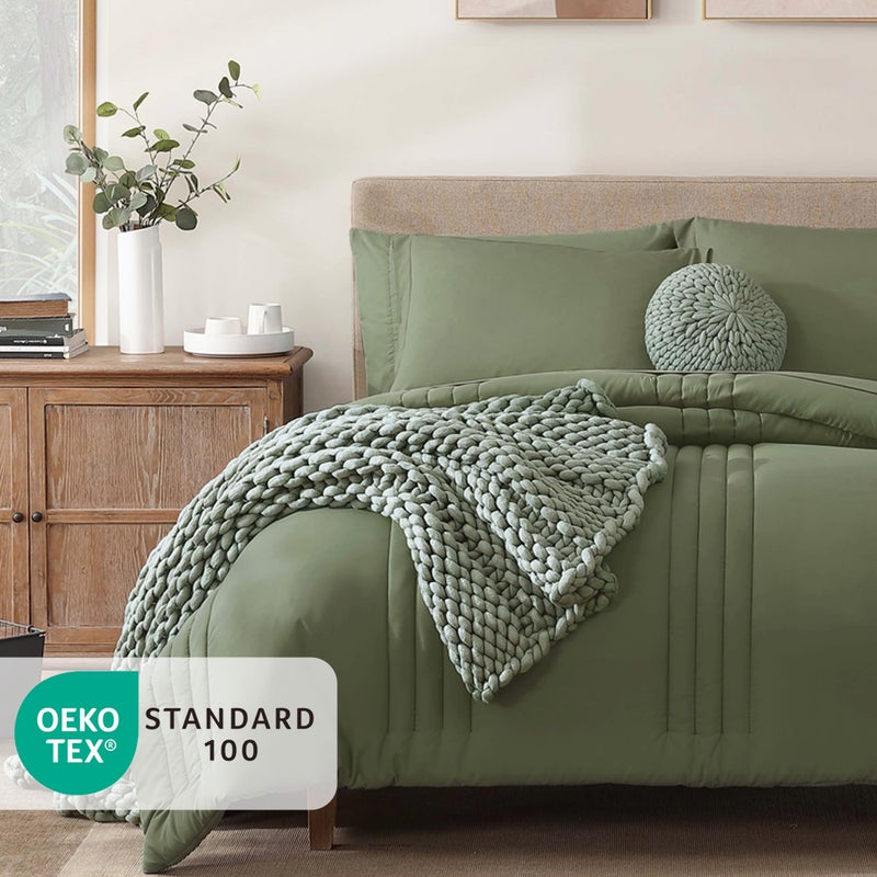 Monbix Queen Comforter Set - 7 Pieces Light Sage Green Bed in a Bag Queen Bedding Sets with Comforters, All Seasons Comforter Bed Set with Sheets, Pillowcases & Shams - Image 2