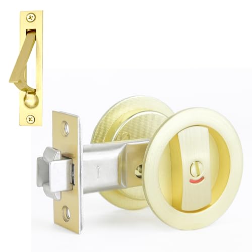 Dontay Pocket Door Color Coded Indicators LockPrivacy BedBath Handles Latch 238 Backset Hardware for 1 38 to 2 316 Thickness DoorIncluding Edge Pull Satin Brass Round 1 Pack - Image 1