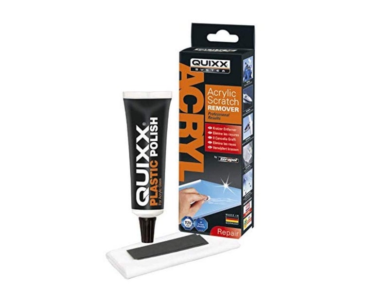 QUIXX 2019 Acrylic Scratch Remover for All Kinds of Acrylic and Plastic (50g Polish/1 Cloth/2 Sandpaper) - Image 1