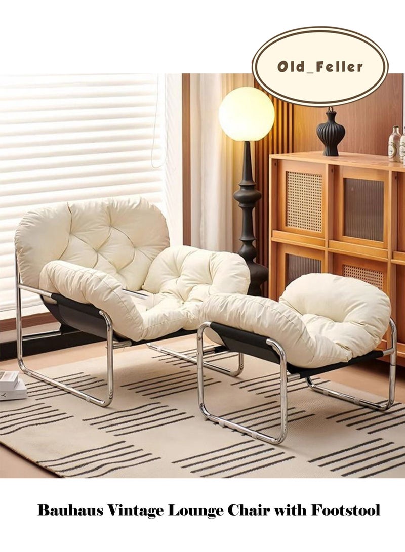 Old_Feller Bauhaus-Style Vintage Lounge Chair with Footstool  Premium Stain-Resistant PU Leather, Reinforced Chrome-Plated Base & Soft Cushioning, Ideal for Living Room/Balcony/Study/Bedroom(White) - Image 1