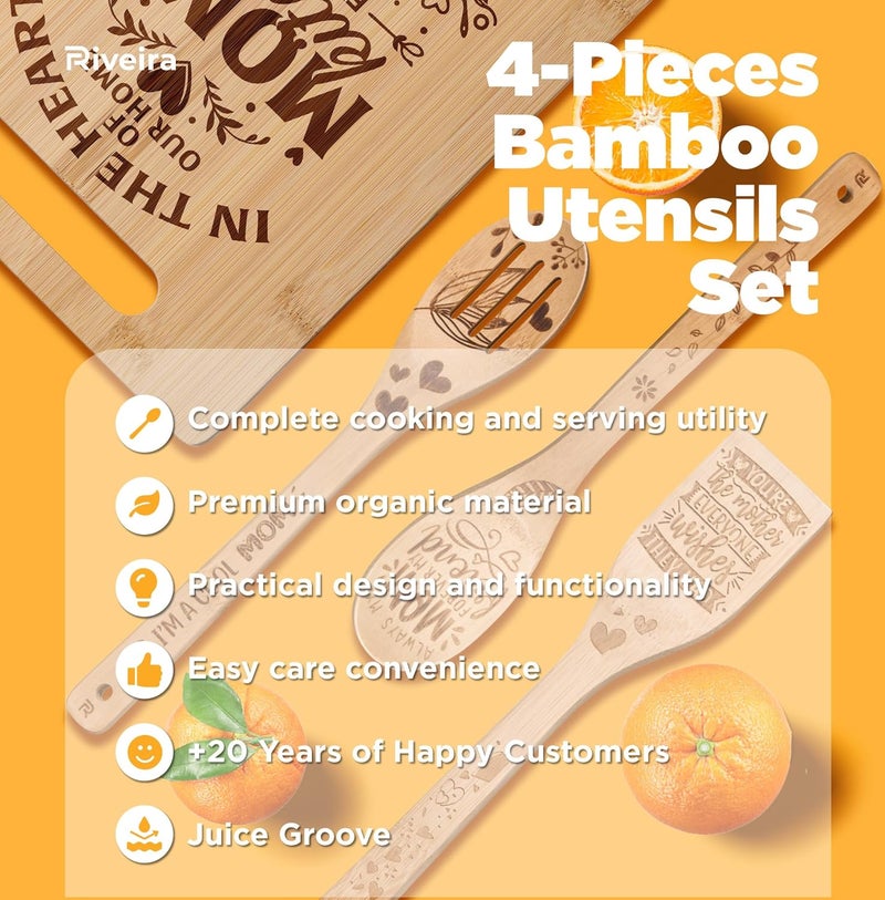 Riveira Bamboo Wooden Cooking Utensils with Wood Cutting Board, Mothers Day Gifts for Mom – Great Mother's Day Gifts with Unique Design – Bamboo Cutting Board, Mother Gifts – Non Toxic Cooking Utensils - Image 4