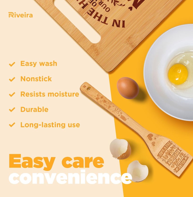 Riveira Bamboo Wooden Cooking Utensils with Wood Cutting Board, Mothers Day Gifts for Mom – Great Mother's Day Gifts with Unique Design – Bamboo Cutting Board, Mother Gifts – Non Toxic Cooking Utensils - Image 5