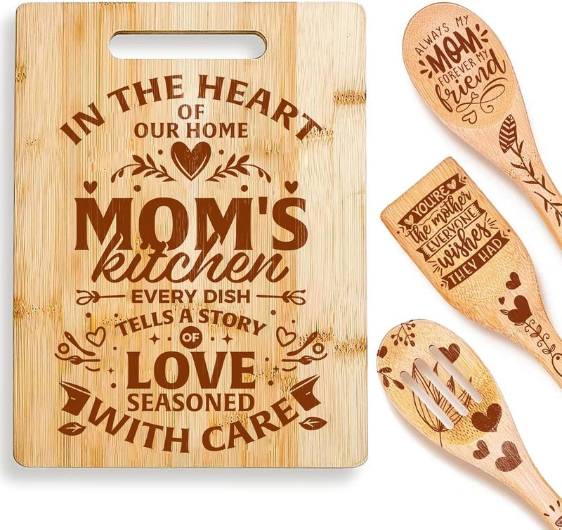 Riveira Bamboo Wooden Cooking Utensils with Wood Cutting Board, Mothers Day Gifts for Mom – Great Mother's Day Gifts with Unique Design – Bamboo Cutting Board, Mother Gifts – Non Toxic Cooking Utensils - Image 1