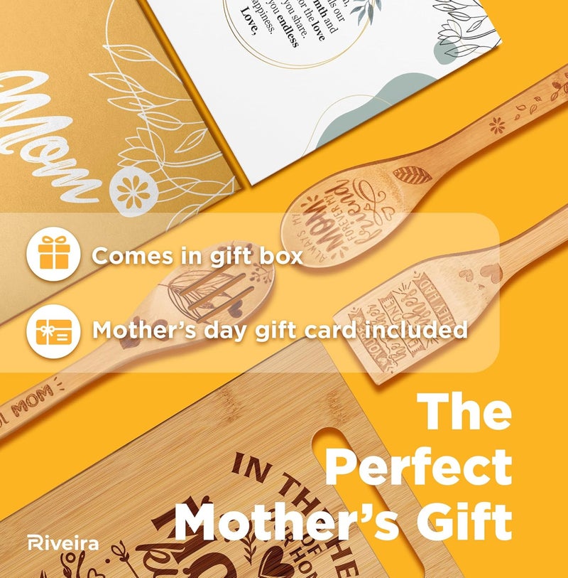 Riveira Bamboo Wooden Cooking Utensils with Wood Cutting Board, Mothers Day Gifts for Mom – Great Mother's Day Gifts with Unique Design – Bamboo Cutting Board, Mother Gifts – Non Toxic Cooking Utensils - Image 3