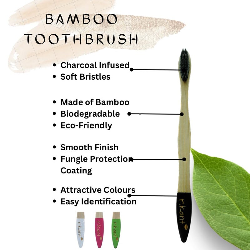 R Kant-Natural Bamboo Manual Toothbrush|Combo Adults 4 Nos, Bamboo Tounge Cleaner 1 No|Eco-Friendly Smooth Multi Colour Handle|Charcoal Infused Soft Bristles - Image 2