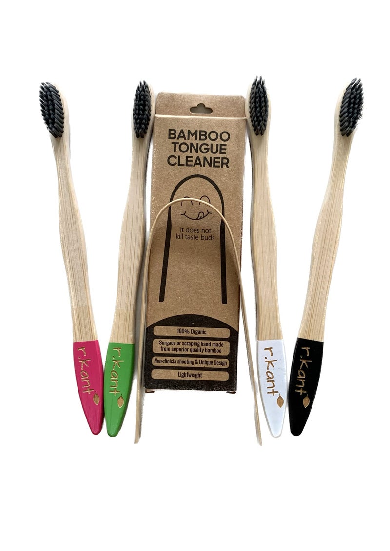 R Kant-Natural Bamboo Manual Toothbrush|Combo Adults 4 Nos, Bamboo Tounge Cleaner 1 No|Eco-Friendly Smooth Multi Colour Handle|Charcoal Infused Soft Bristles - Image 1