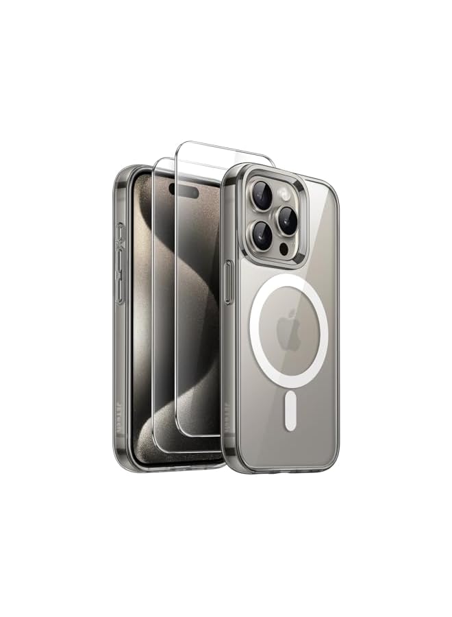 جي تيك حافظة JETech مغناطيسية 3 في 1 لهاتف iPhone 15 Pro مقاس 6.1 بوصة مع عبوتين من واقيات الشاشة من الزجاج المقوى، متوافقة مع MagSafe، غطاء هاتف مقاوم للصدمات (تيتانيوم طبيعي) - Image 1