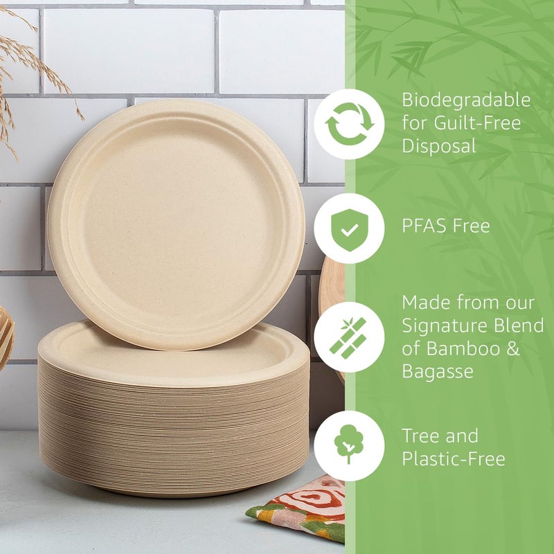ibambo Bamboo Paper Plates Compostable (125-Pack  9-inch) | Sturdy & Microwave Safe | Heavy Duty Brown Disposable Plates | PFAS Free  Biodegradable | FSC Certified Alternative to Plastic - Image 1