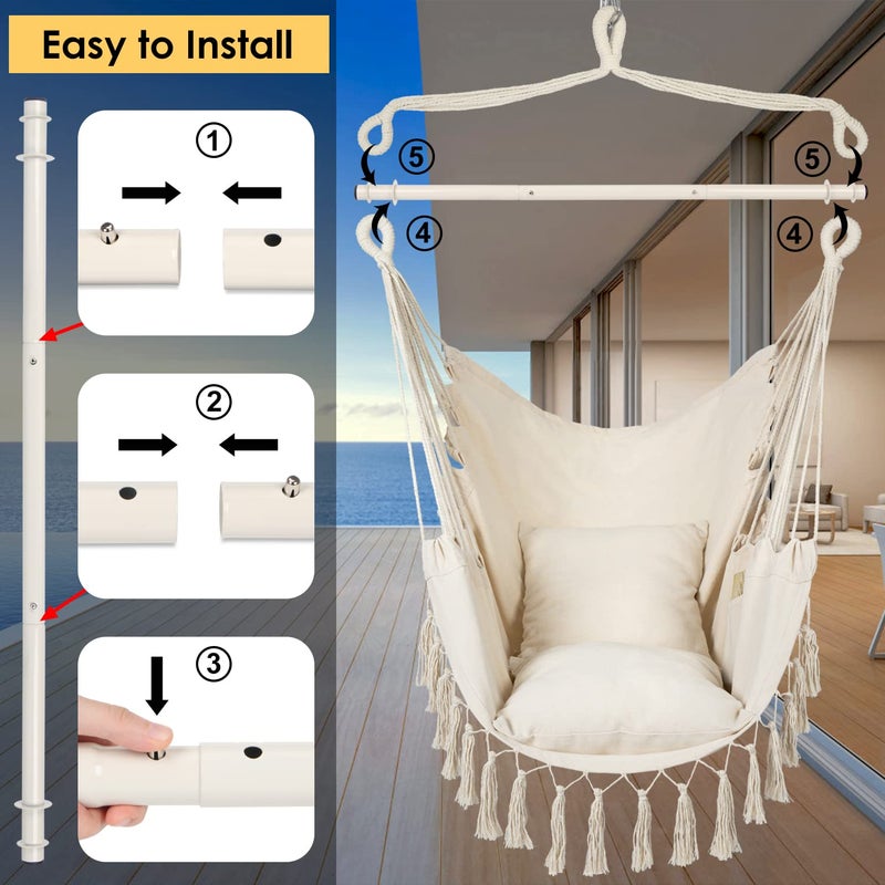 Y- STOP Hammock Chair Hanging Rope Swing, Max 500 Lbs, 2 Cushions Included, Large Macrame Hanging Chair with Pocket for Superior Comfort, with Hardware Kit (Beige) - Image 5
