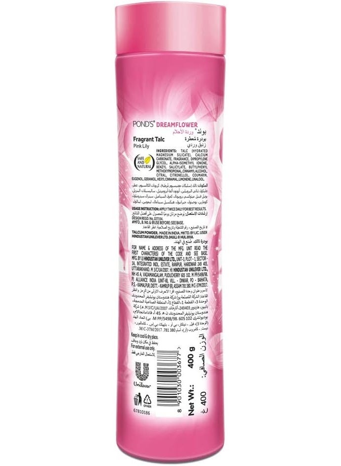 PONDS Pond's Dreamflower Fragrant Talcum Powder Pink Lily - Body Powder - Safe & Natural - Makes Skin Dry and Helps Prevent Rashes- 400 g - Image 2