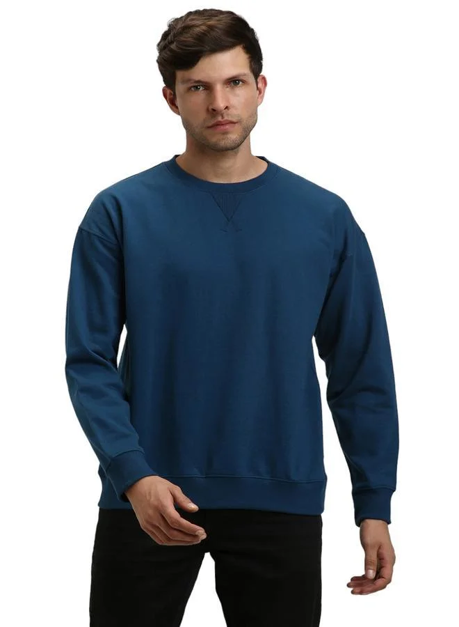 دينيس لينغو سويت شيرت رجالي أزرق سادة بياقة دائرية بقصة عادية - قطن بوليستر، أكمام كاملة