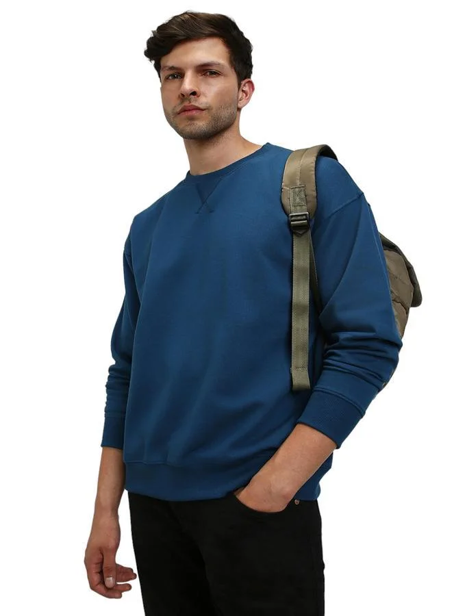 دينيس لينغو سويت شيرت رجالي أزرق سادة بياقة دائرية بقصة عادية - قطن بوليستر، أكمام كاملة