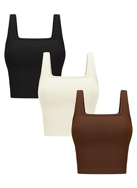 Womens 3 Pack Crop Tank Tops Basic Seamless Ribbed Sleeveless Square Neck Workout Top Summer Exercise Yoga Gym Shirts(Medium)