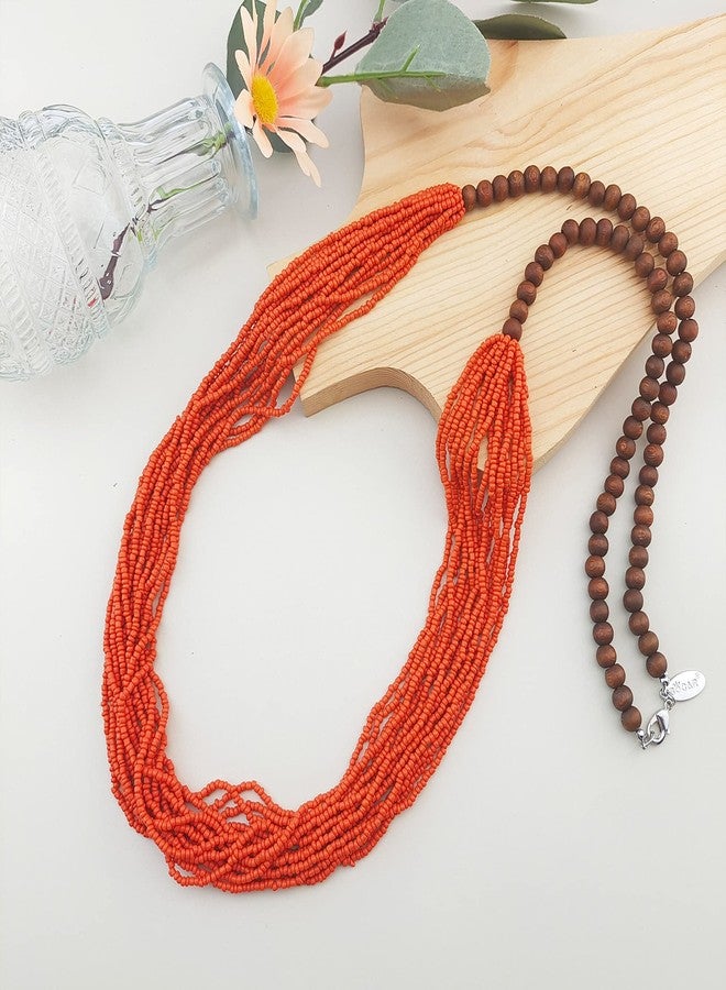 Bocar Long Multiple Row Handmade Beaded Statement Necklace with Gift Box (NK-10407-Burnt Orange) - Image 3