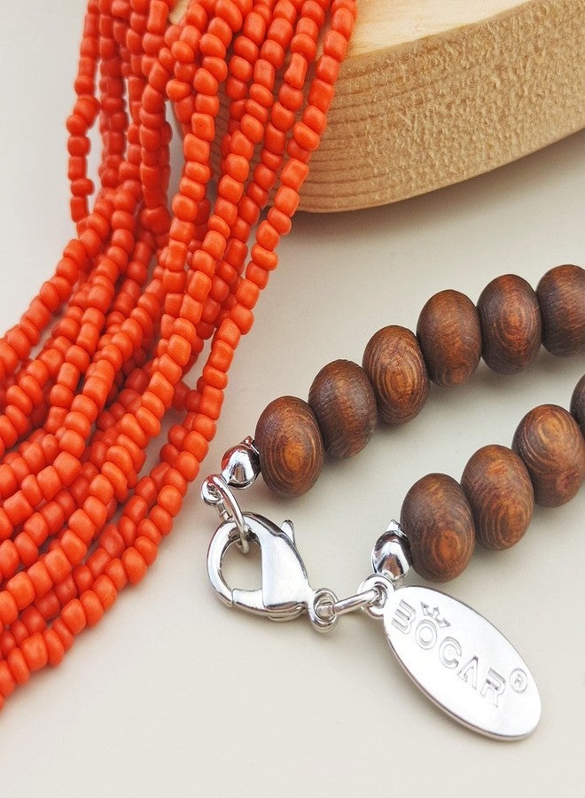 Bocar Long Multiple Row Handmade Beaded Statement Necklace with Gift Box (NK-10407-Burnt Orange) - Image 4