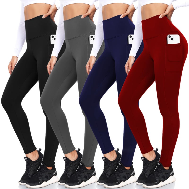 FULLSOFT 4 Pack Fleece Lined Leggings with Pockets for Women High Waisted Thermal Winter Warm Yoga Pants for Workout Running Plus Size(Black, Dark Grey, Navy Blue, Wine Red(4 Pack),Large-X-Large) - Image 1